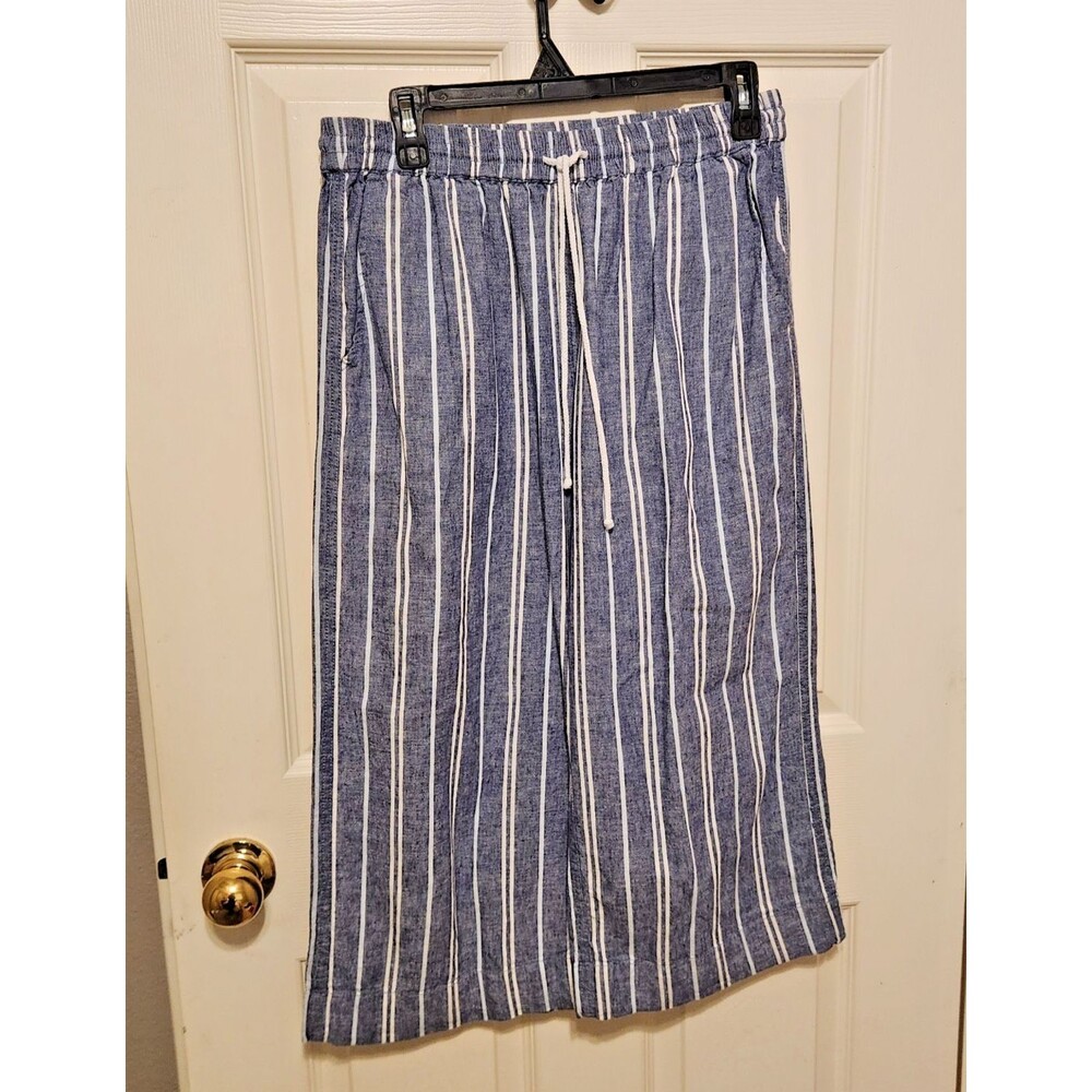 BeachLunchLounge Linen Cotton Wide Leg Pants Small Blue White Stripe Drawstring